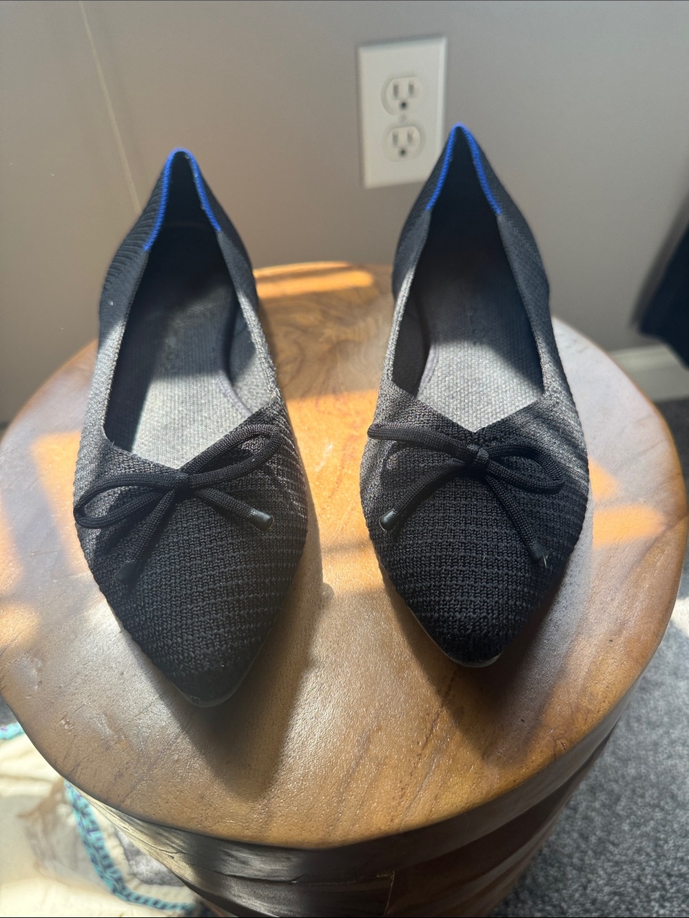Rothy's Black Pointed Knit Ballet Flats with Bow and Blue Trim